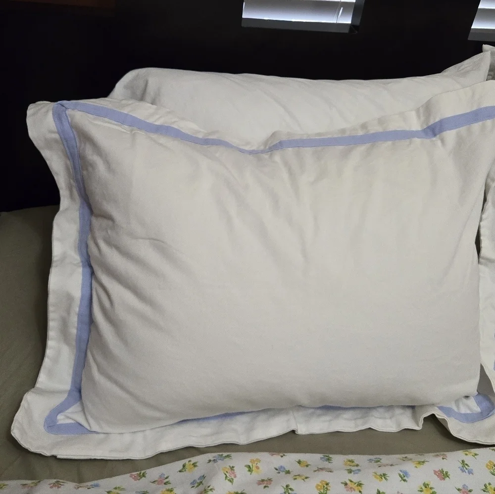 RALPH LAUREN 100% COTTON WHITE & BLUE PILLOW SHAMS SET 2 BEDDING LINENS COASTAL